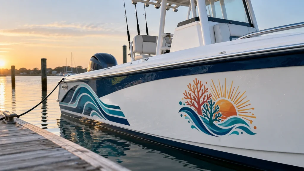 White-and-navy fishing boat moored beside a dock at sunset, with large teal wave and orange coral-and-sun decals on its hull.