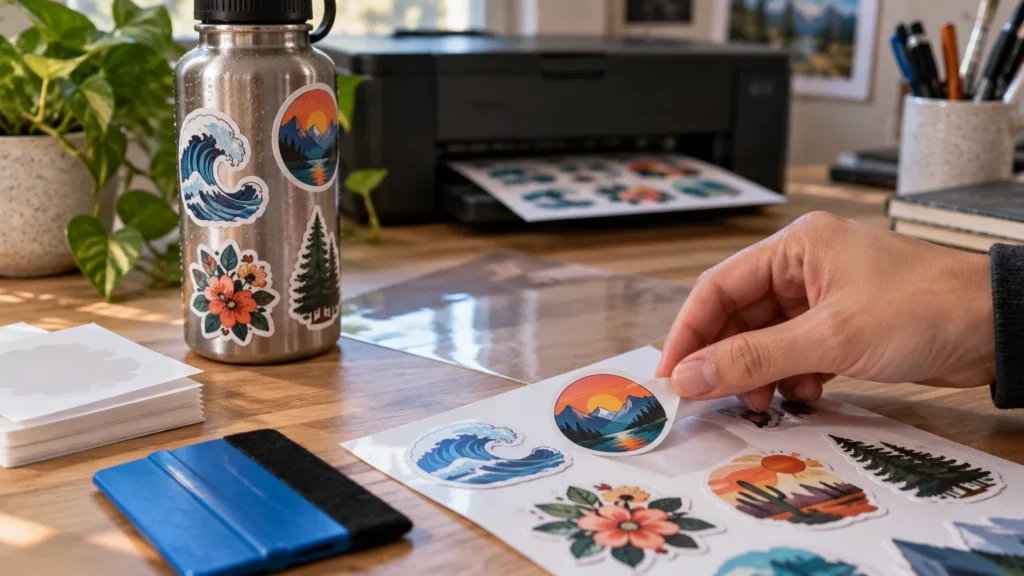 Hand peels a colorful die-cut landscape sticker from a glossy sheet beside a water-speckled metal bottle covered in assorted illustrated stickers, with a printer in the background.
