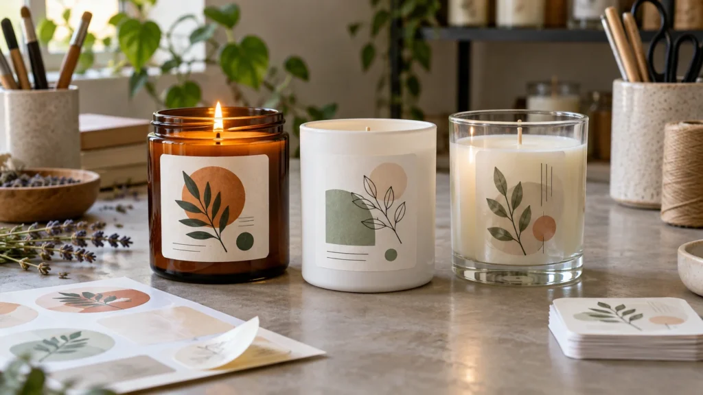 Three candle jars with minimalist botanical labels sit on a worktable beside loose label sheets, a stack of labels, dried lavender, brushes, scissors, and twine; the amber jar’s candle is lit.