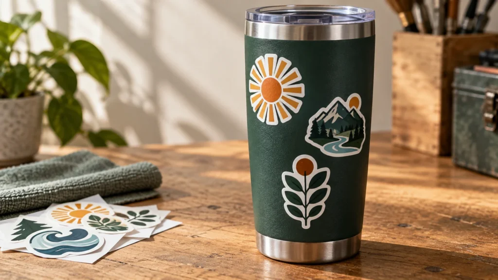 Dark green powder-coated stainless-steel tumbler on a wooden worktable, decorated with sun, mountain, and leaf die-cut stickers; spare sticker sheets and a folded cloth sit beside it.