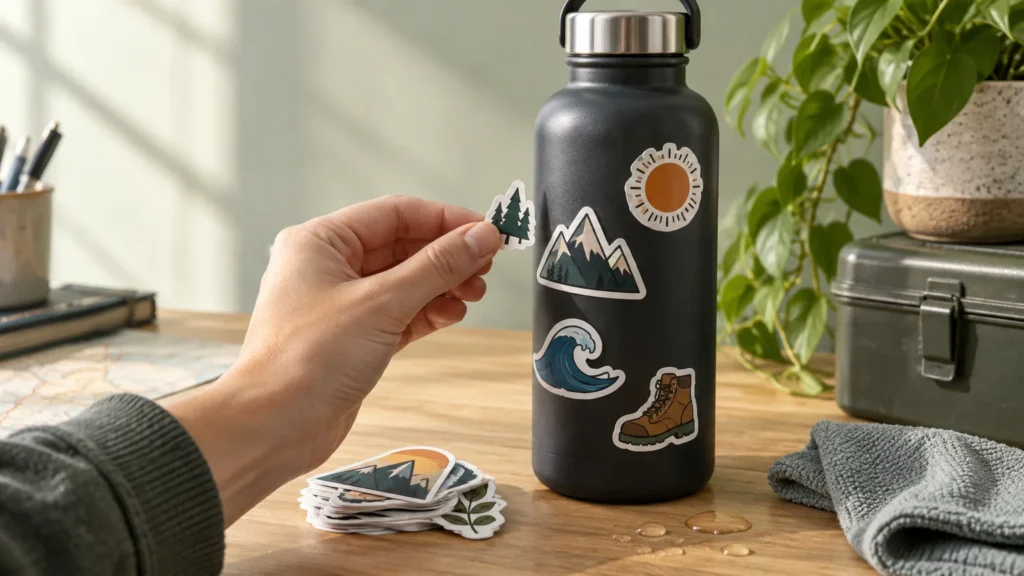Hand applying a pine-tree sticker to a black reusable water bottle decorated with mountain, sun, wave and hiking-boot stickers on a wooden table, beside a stack of stickers, a towel and water droplets.