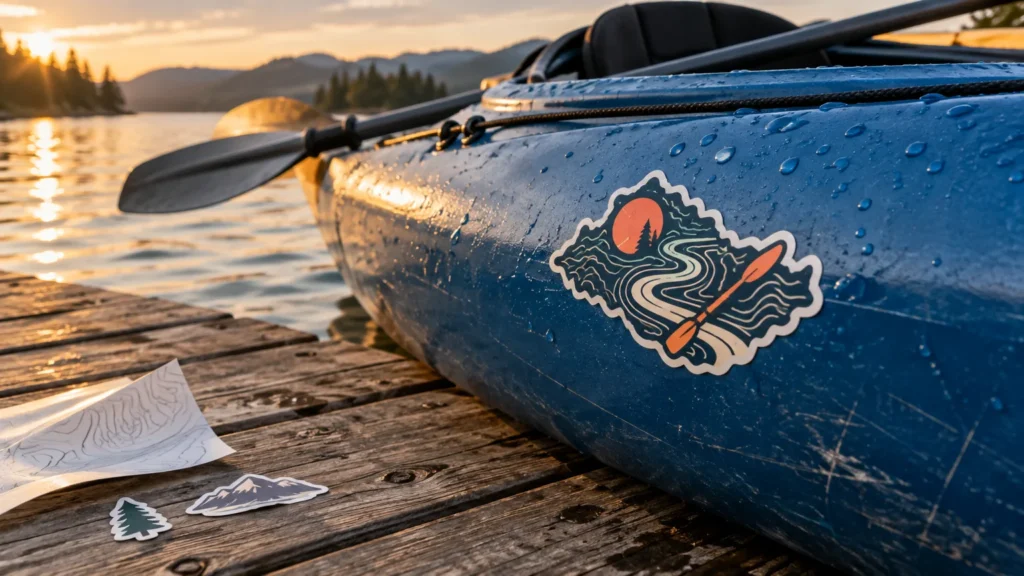 Close-up of a wet, scratched blue kayak beside a lake at sunset, with an original die-cut landscape-and-paddle sticker on its hull and loose sticker pieces on a wooden dock.
