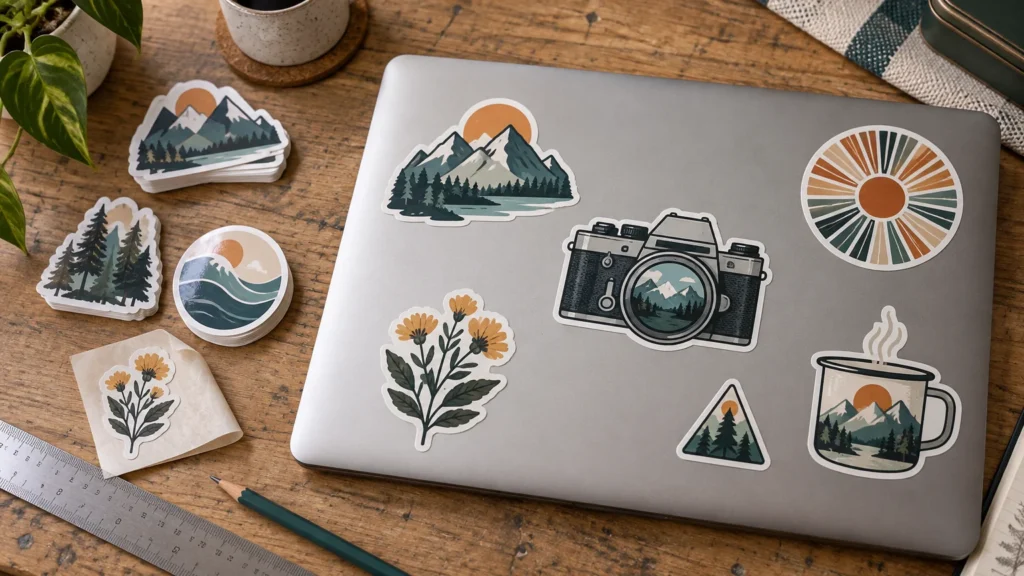 Overhead view of a gray laptop decorated with illustrated outdoor-themed stickers, surrounded by stacks of die-cut stickers, a ruler, pencil, coffee cup, and plant on a wooden desk.