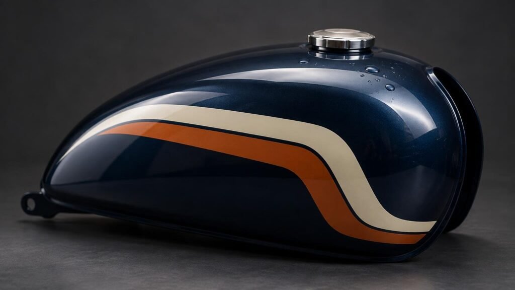 Close studio view of a glossy dark-blue motorcycle fuel tank with cream and orange curved stripe decals, a silver fuel cap, and water droplets near the filler.