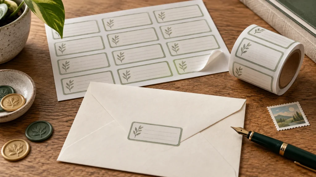 Sheet and roll of leafy bordered address labels on a wooden desk, with an envelope bearing one label, wax seals, a stamp, and a fountain pen.