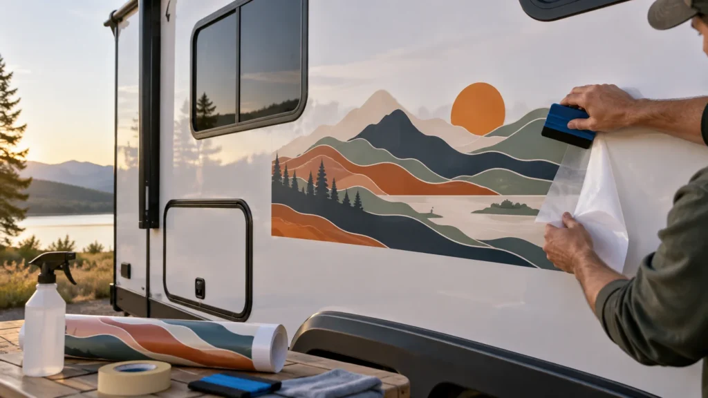 Person uses a blue squeegee while applying a large layered mountain-and-sun vinyl graphic to the side of a white camper beside a lake at sunset.