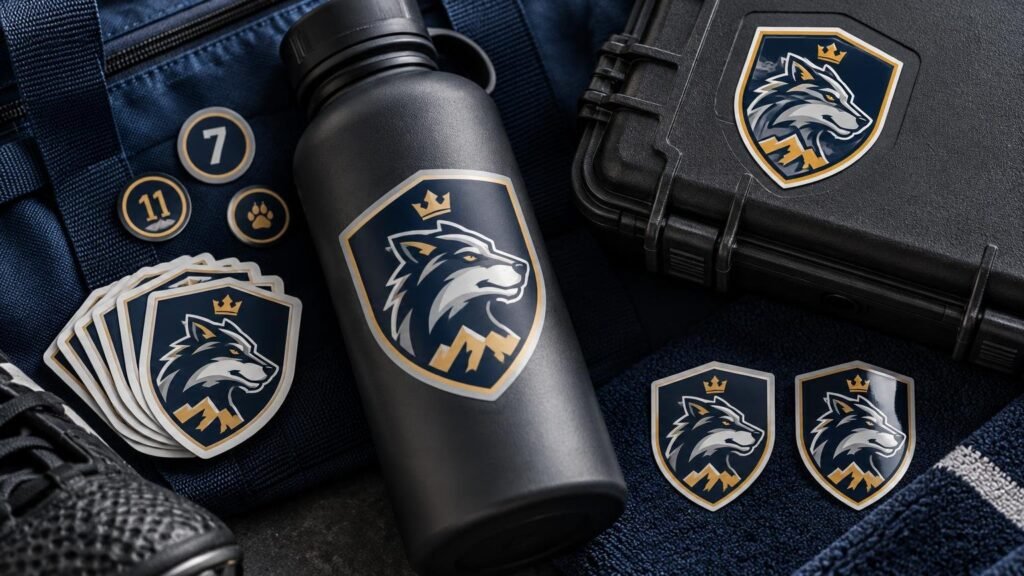 Close-up of navy-and-gold wolf crest stickers on a black water bottle, hard equipment case, and a stack of decals beside numbered round stickers and sports gear.