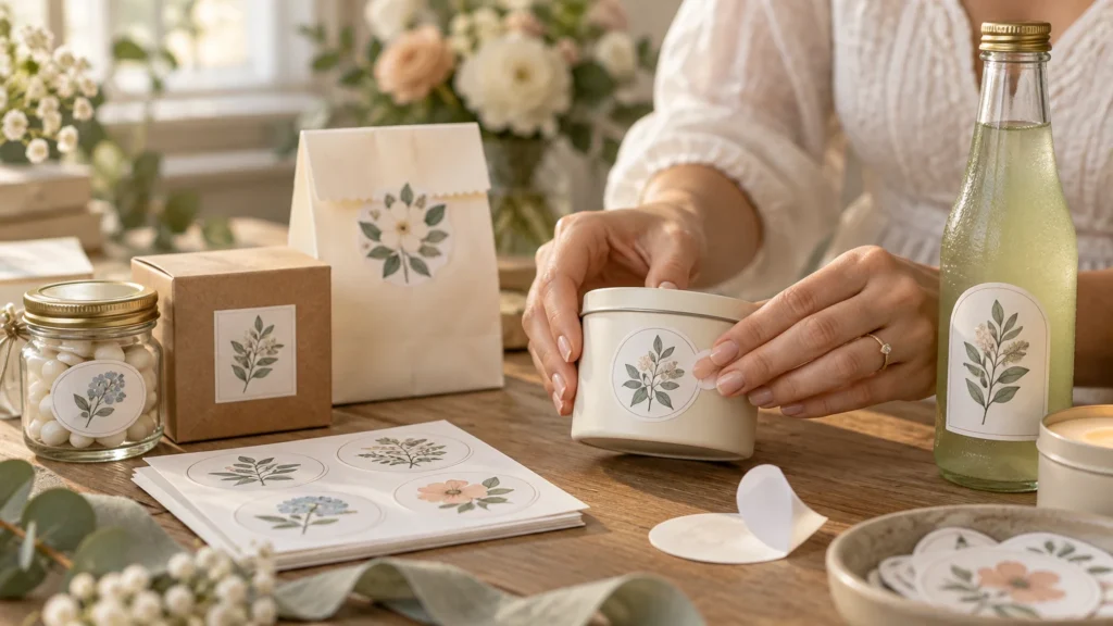 Person applying a round botanical sticker to a white favor tin on a wooden table with labeled jars, a gift box, a paper bag, a bottle, and sheets of floral stickers.
