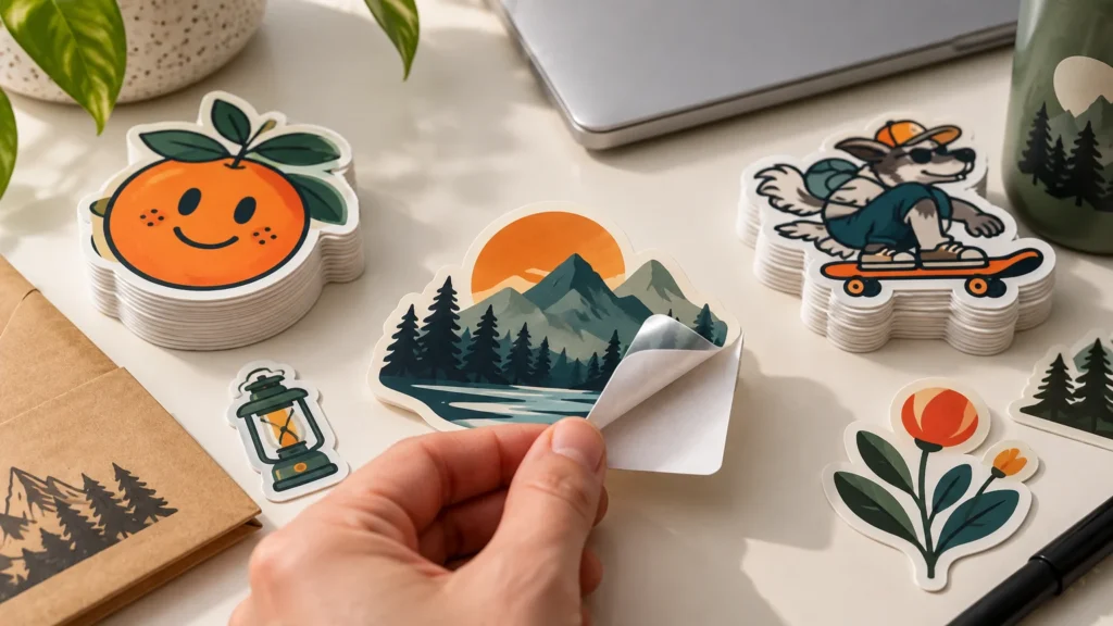 Hand peeling a mountain-and-lake die-cut sticker from its backing on a desk surrounded by stacks of illustrated stickers, a laptop, packaging, and a water bottle.