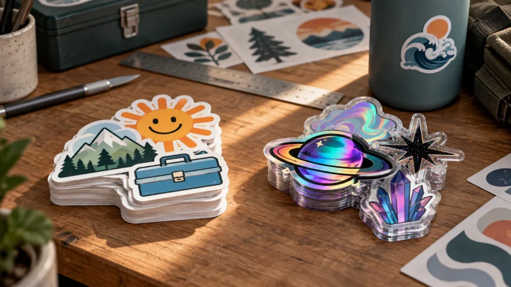 Stacks of die-cut stickers with mountain, smiling sun, toolbox, planet, crystal, and holographic designs on a sunlit wooden worktable beside a ruler, craft knife, and stickered bottle.