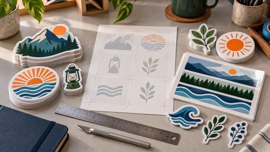 Editorial overhead view of stacked die-cut stickers on a worktable, featuring original mountain, sun, wave, lantern, and leafy-branch illustrations alongside a pale sticker-layout sheet, ruler, craft knife, notebook, plants, and mugs.