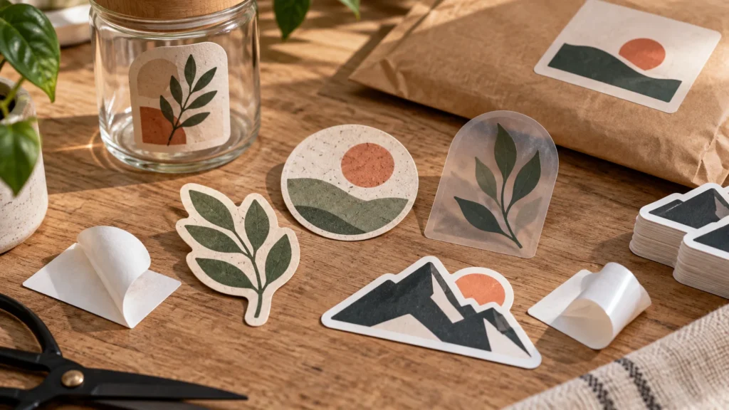 Die-cut botanical and mountain stickers, including a translucent leaf design and curled backing liners, arranged on a wooden worktable beside a glass jar and a paper-wrapped package.