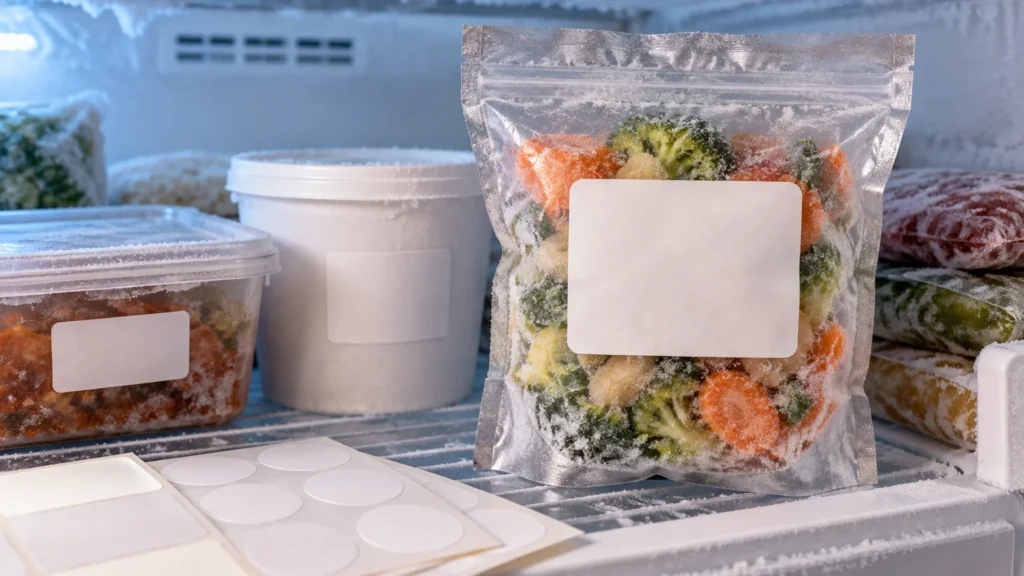 Frost-covered freezer shelf with blank white labels on plastic food containers and a clear resealable bag of frozen mixed vegetables; an unprinted sheet of round and rectangular labels lies in the foreground.