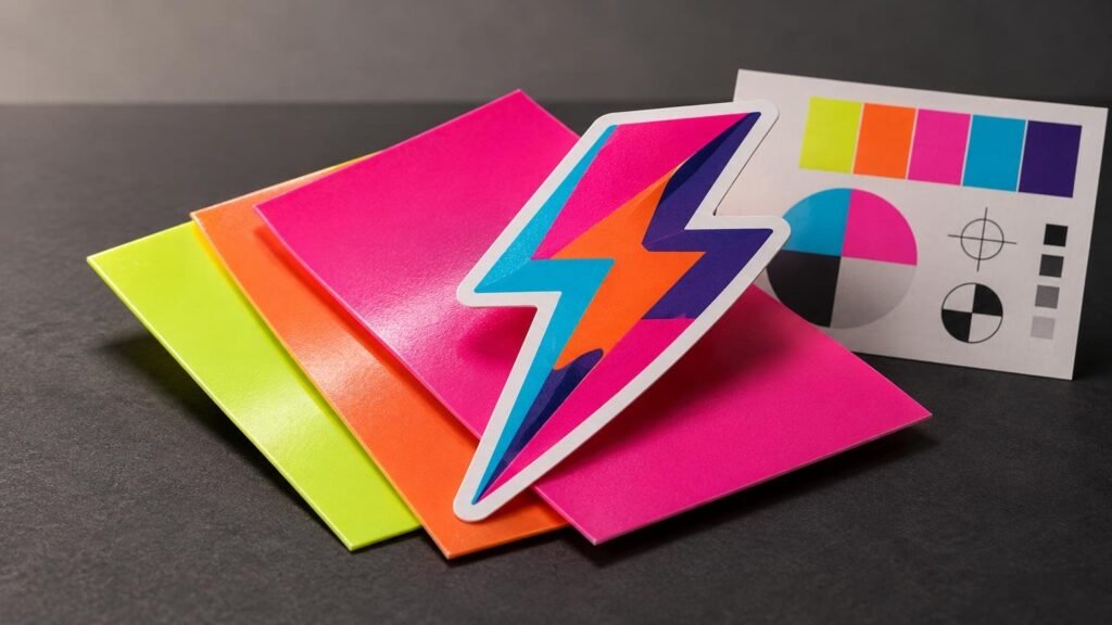 Close-up studio photograph of a multicolor lightning-bolt sticker standing over stacked neon yellow, orange, and pink glossy sheets, with a printed color test card in the background.