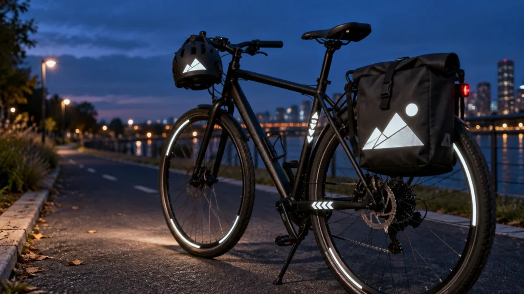 Black commuter bicycle parked on a riverside path at dusk, with bright reflective strips on both wheels, chevrons on the frame, and geometric reflective decals on a helmet and rear pannier.