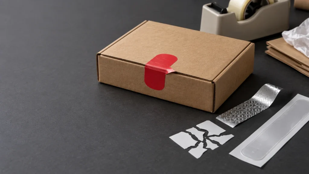 Brown cardboard mailer box on a dark work surface, sealed across its front flap with a glossy red rounded sticker. Nearby are torn white sticker fragments, a curled silver patterned strip, a clear label on its liner, stacked cardboard pieces, and a tape dispenser.