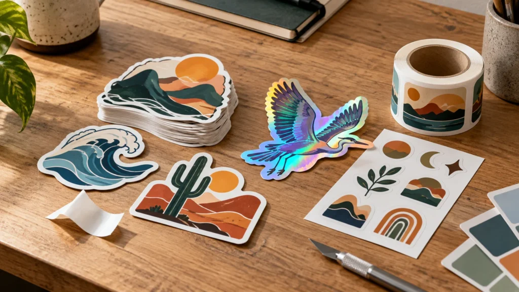 Editorial tabletop scene with stacks of die-cut landscape and wave stickers, a holographic heron sticker, a sticker sheet, a roll of rectangular labels, and a craft knife on a wooden desk.