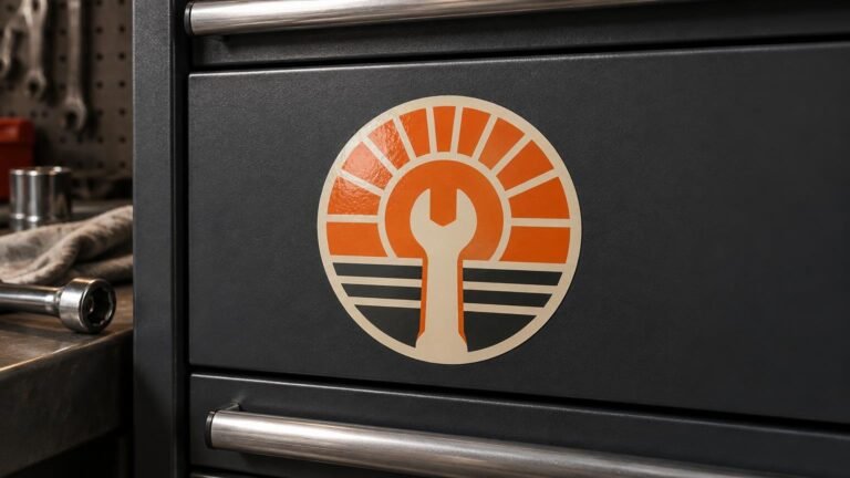 Close-up of a black metal tool cabinet drawer with a large orange, cream, and black circular wrench decal, surrounded by blurred workshop tools and a rag.
