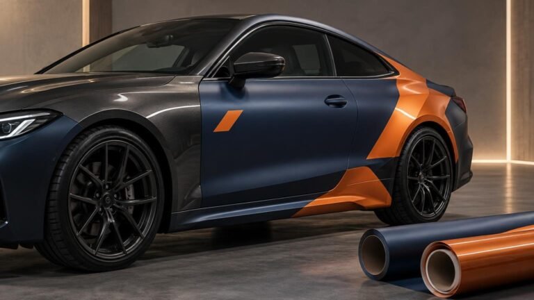 Studio-lit close side view of a dark blue and black sports sedan with angular orange vinyl graphics across the door, rear quarter panel and side skirt, with rolls of blue and orange wrap material in the foreground.