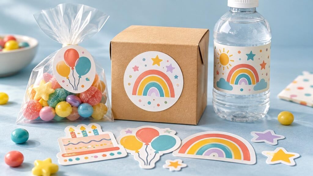 Colorful birthday-themed stickers on a kraft favor box, candy bag, and water bottle, with loose cake, balloon, rainbow, star, and airplane stickers on a pale blue surface.