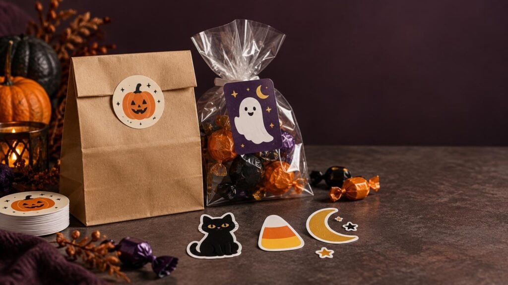 Halloween treat bag and clear candy bag with pumpkin and ghost stickers, surrounded by loose cat, candy-corn, moon, and star die-cut stickers on a dark tabletop.