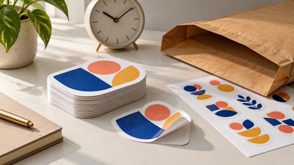 A stack of rounded rectangular geometric stickers beside a partially peeled sticker sheet, a clock, and an open brown mailing envelope on a sunlit desk.
