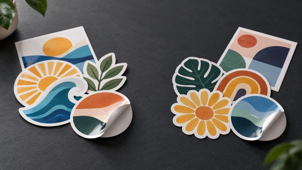 Studio photograph of colorful die-cut vinyl stickers with sun, wave, leaf, rainbow and flower designs arranged on a dark textured surface, with two sticker corners partially peeled up to show their thickness and adhesive backing.