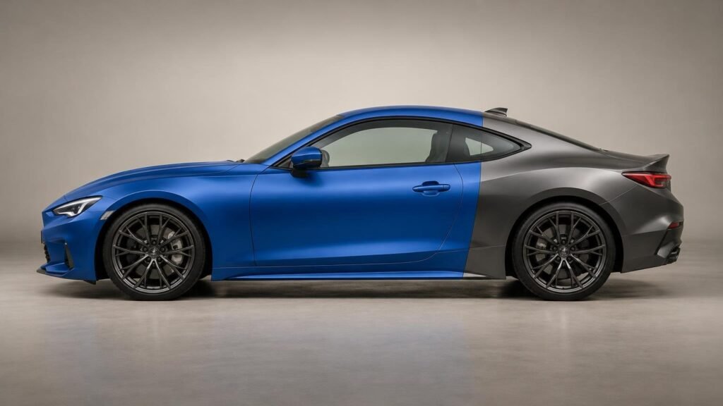 Side view of a blue and dark gray two-door sports coupe in a softly lit studio, with the blue finish covering the front and door areas and dark gray panels covering the rear section.