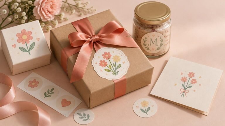 Warm-toned tabletop scene with a kraft-paper gift wrapped in a coral satin ribbon and floral sticker, surrounded by a small floral box, a sheet of round stickers, a loose sticker, a floral card, pink flowers, and a glass jar with a gold lid and a monogram label.