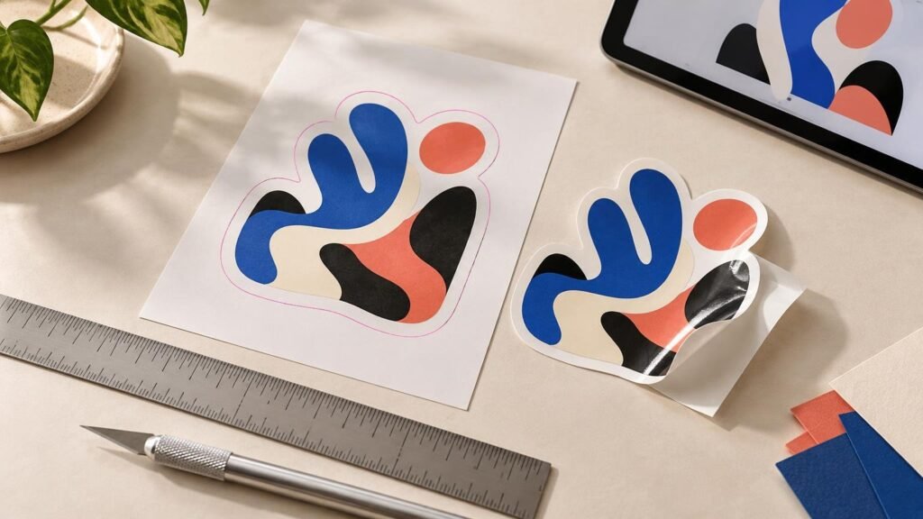 Studio tabletop scene showing a colorful abstract sticker design on a printed sheet with a pink cut outline, alongside a peeled finished sticker, metal ruler, craft knife, paper swatches, and a tablet displaying the artwork.