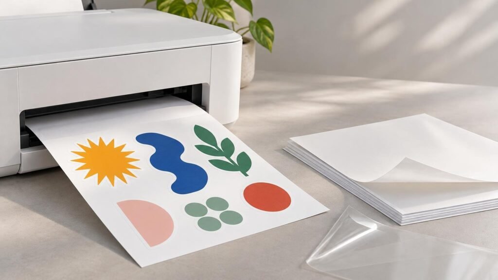 White desktop printer feeding out a sheet of colorful abstract stickers beside a stack of blank white sheets and a curled transparent vinyl layer on a sunlit work surface.