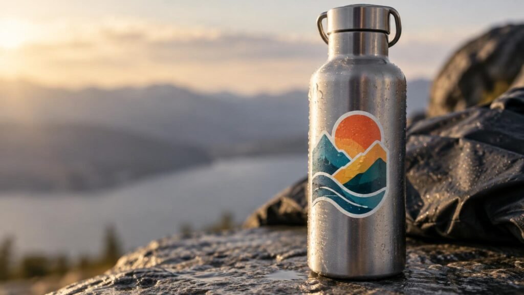 Close-up of a water-speckled stainless-steel bottle on wet rocks at sunset, featuring a colorful mountain-and-sun sticker.