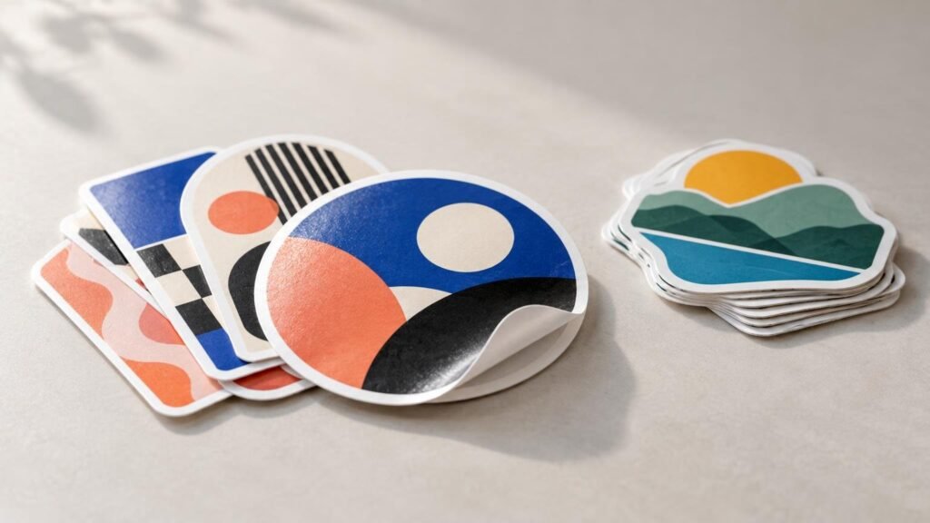Close-up studio photograph of colorful die-cut vinyl stickers on a light textured surface, including a curled round sticker that shows its white backing and layered stacks of abstract geometric and mountain designs.